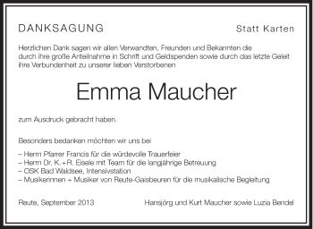 Anzeige von Emma Maucher von Schwäbische Zeitung