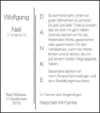 Anzeige von Wolfgang Nell von Schwäbische Zeitung