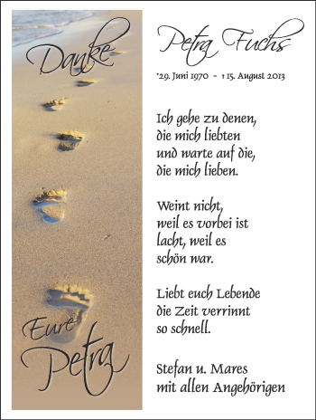 Anzeige von Petra Fuchs von Schwäbische Zeitung