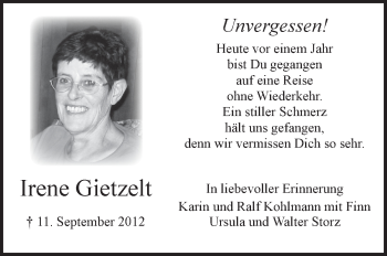 Anzeige von Irene Gietzelt von Schwäbische Zeitung