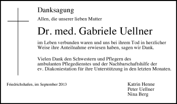 Anzeige von Gabriele Uellner von Schwäbische Zeitung