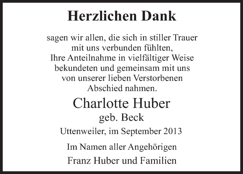  Traueranzeige für Charlotte Huber vom 10.09.2013 aus Schwäbische Zeitung