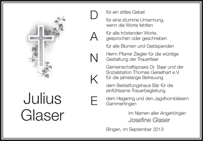  Traueranzeige für Julius Glaser vom 14.09.2013 aus Schwäbische Zeitung