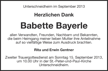 Anzeige von Babette Bayerle von Schwäbische Zeitung