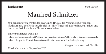Anzeige von Manfred Schnitzer von Schwäbische Zeitung
