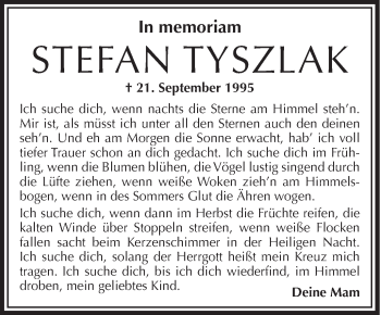 Anzeige von Stefan Tyszlak von Schwäbische Zeitung