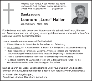 Anzeige von Leonore Haller von Schwäbische Zeitung