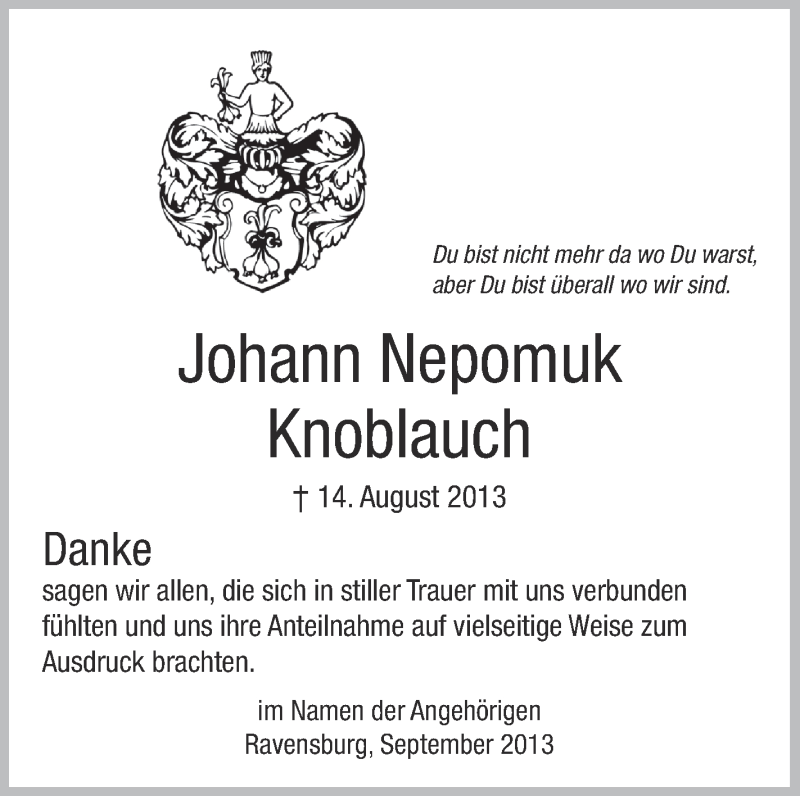  Traueranzeige für Johann Nepomuk Knoblauch vom 14.09.2013 aus Schwäbische Zeitung