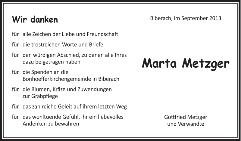  Traueranzeige für Marta Metzger vom 24.09.2013 aus Schwäbische Zeitung