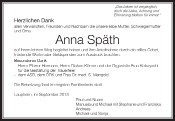 Anzeige von Anna Späth von Schwäbische Zeitung