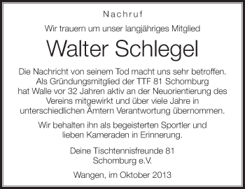 Anzeige von Walter Schlegel von Schwäbische Zeitung