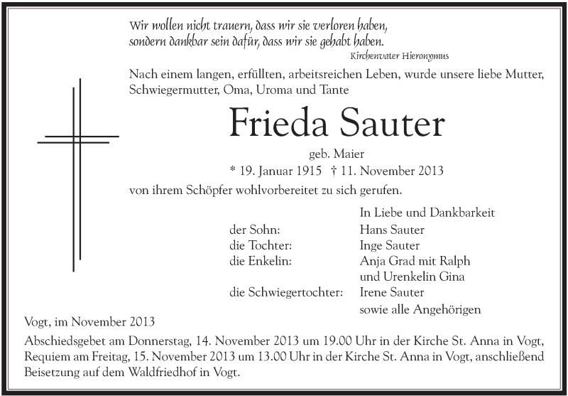  Traueranzeige für Frieda Sauter vom 13.11.2013 aus Schwäbische Zeitung