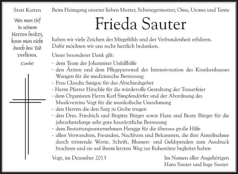  Traueranzeige für Frieda Sauter vom 07.12.2013 aus Schwäbische Zeitung
