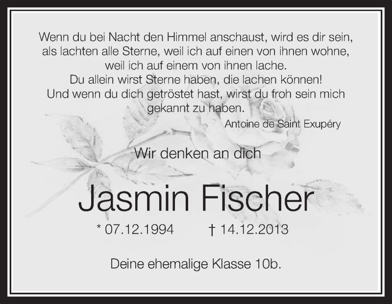  Traueranzeige für Jasmin Fischer vom 18.12.2013 aus Schwäbische Zeitung