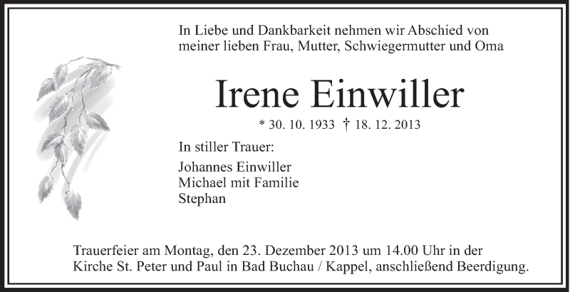  Traueranzeige für Irene Einwiller vom 21.12.2013 aus Schwäbische Zeitung