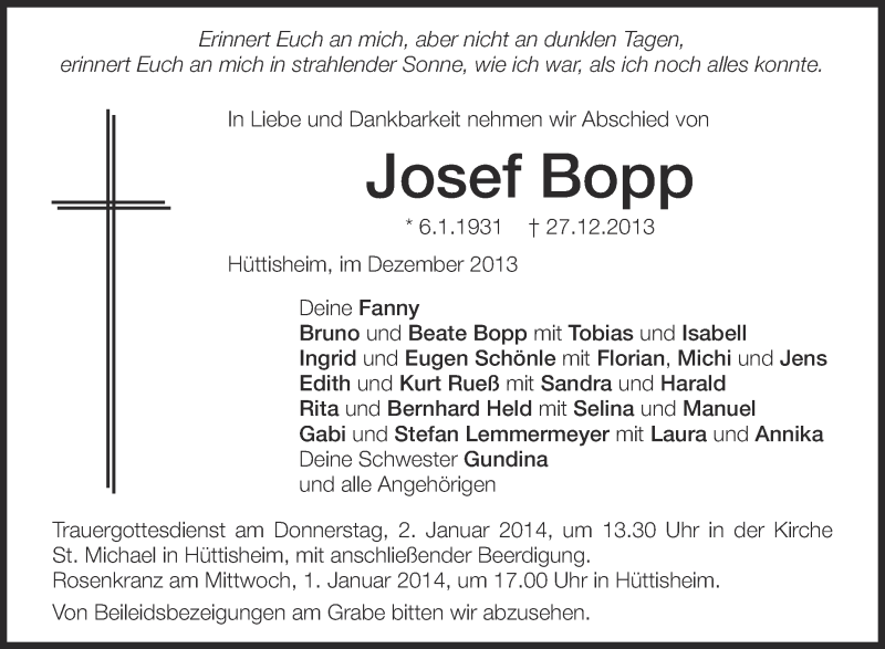 Traueranzeige für Josef Bopp vom 31.12.2013 aus Schwäbische Zeitung