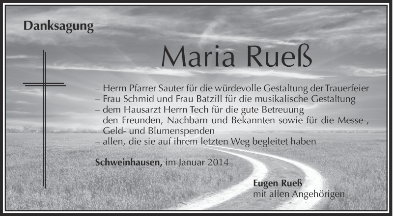  Traueranzeige für Maria Rueß vom 11.01.2014 aus Schwäbische Zeitung