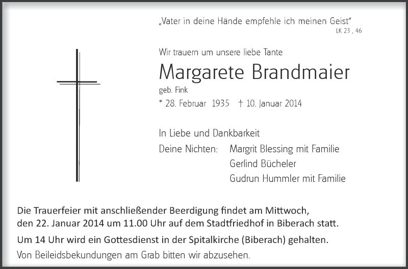  Traueranzeige für Margarete Brandmaier vom 18.01.2014 aus Schwäbische Zeitung