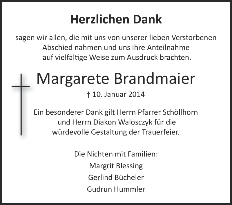  Traueranzeige für Margarete Brandmaier vom 06.02.2014 aus Schwäbische Zeitung