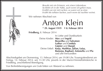 Anzeige von Anton Klein von Schwäbische Zeitung