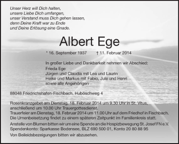 Anzeige von Albert Ege von Schwäbische Zeitung
