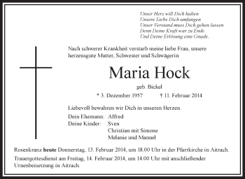 Anzeige von Maria Hock von Schwäbische Zeitung