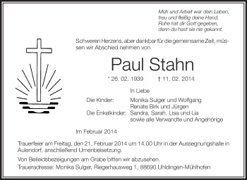 Anzeige von Paul Stahn von Schwäbische Zeitung