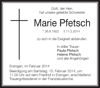 Anzeige von Marie Pfetsch von Schwäbische Zeitung