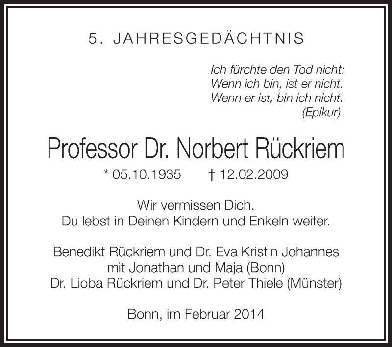  Traueranzeige für Professor Norbert Rückriem vom 15.02.2014 aus Schwäbische Zeitung