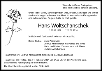Anzeige von Hans Woltschanschek von Schwäbische Zeitung
