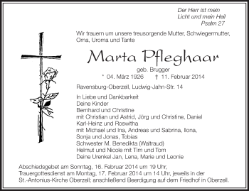 Anzeige von Marta Pfleghaar von Schwäbische Zeitung