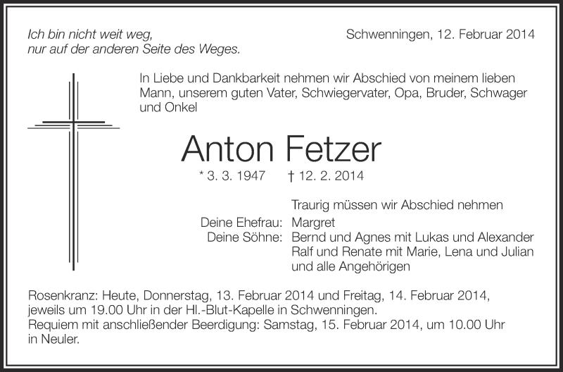  Traueranzeige für Anton Fetzer vom 13.02.2014 aus Schwäbische Zeitung