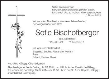 Anzeige von Sofie Bischofberger von Schwäbische Zeitung