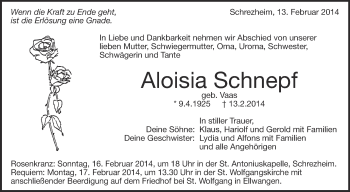 Anzeige von Aloisia Schnepf von Schwäbische Zeitung