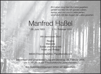 Anzeige von Manfred Haßel von Schwäbische Zeitung