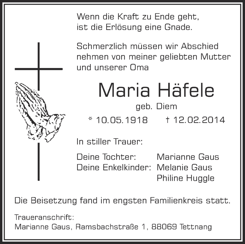  Traueranzeige für Maria Häfele vom 18.02.2014 aus Schwäbische Zeitung