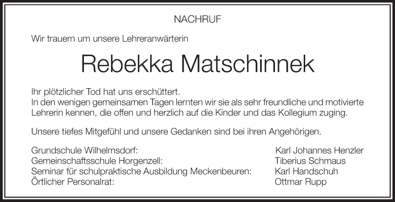  Traueranzeige für Rebekka Matschinnek vom 19.02.2014 aus Schwäbische Zeitung