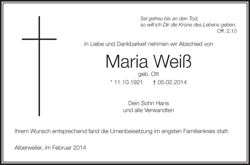 Traueranzeige für Maria Weiß vom 20.02.2014 aus Schwäbische Zeitung