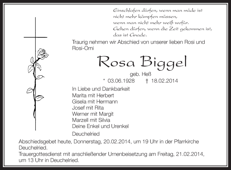  Traueranzeige für Rosa Biggel vom 20.02.2014 aus Schwäbische Zeitung