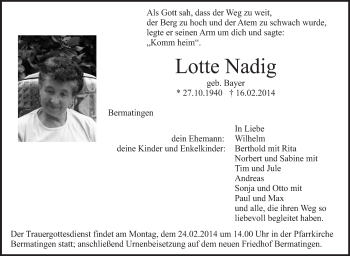 Anzeige von Lotte Nadig von Schwäbische Zeitung