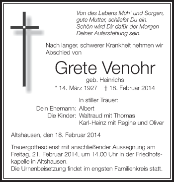 Anzeige von Grete Venohr von Schwäbische Zeitung