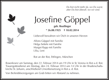Anzeige von Josefine Göppel von Schwäbische Zeitung