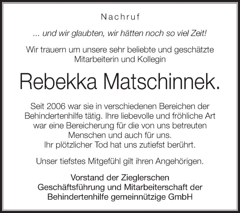  Traueranzeige für Rebekka Matschinnek vom 21.02.2014 aus Schwäbische Zeitung
