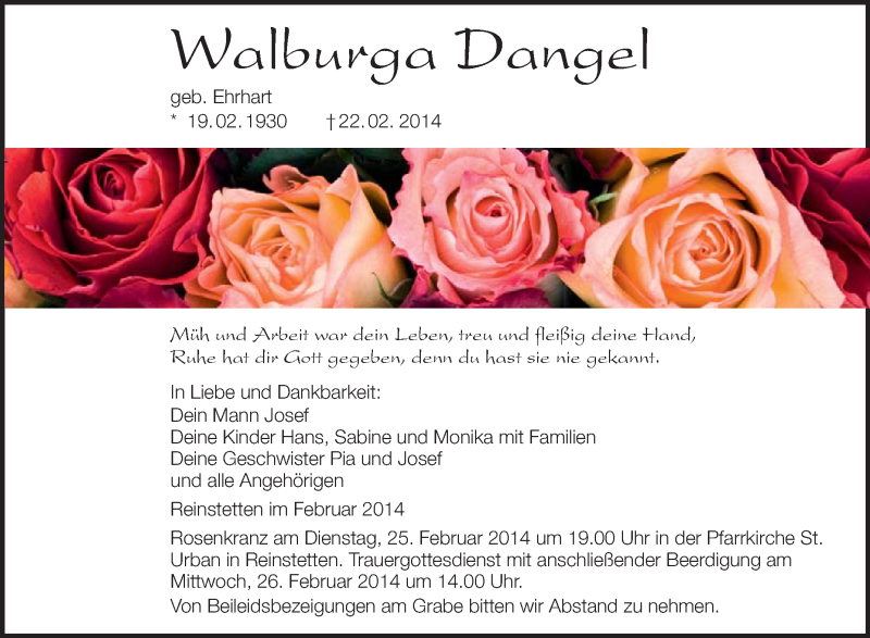  Traueranzeige für Walburga Dangel vom 24.02.2014 aus Schwäbische Zeitung