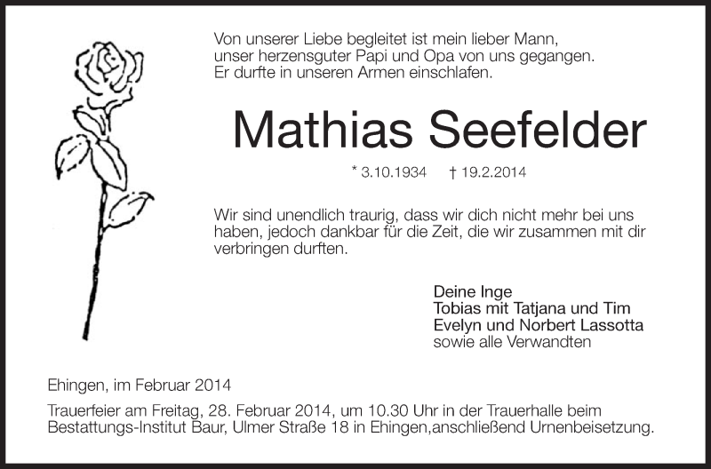  Traueranzeige für Mathias Seefelder vom 25.02.2014 aus Schwäbische Zeitung