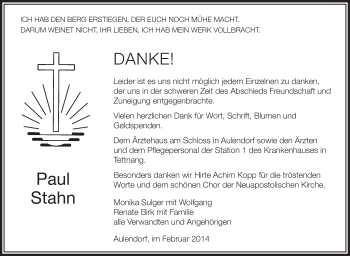 Anzeige von Paul Stahn von Schwäbische Zeitung