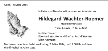Anzeige von Hildegard Wachter-Roemer von Schwäbische Zeitung