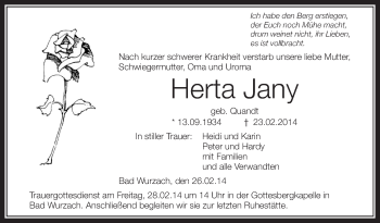 Anzeige von Herta Jany von Schwäbische Zeitung