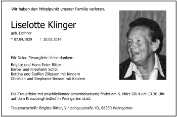 Anzeige von Liselotte Klinger von Schwäbische Zeitung