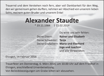 Anzeige von Alexander Staudte von Schwäbische Zeitung